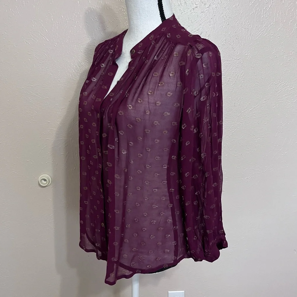 SOLD E Anthropologie Moulinette Soeurs Plum Gold Metallic Sheer Button Up Blouse - Picture 5 of 10